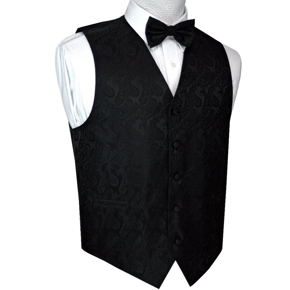Men's Formal Wedding Prom Homecoming Tuxedo Vest Bow-Tie Hankie - Black Paisley